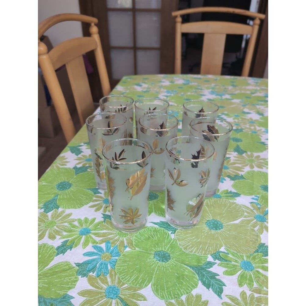 Vintage Frosted Glasses with Gold Leaf Design